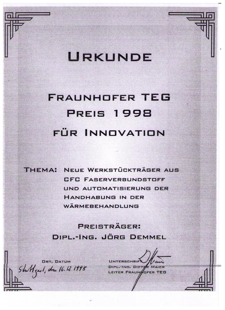 Fraunhofer TEG, Stuttgart 1998 | Certificate 1st Place Innovation Award Jorg Demmel